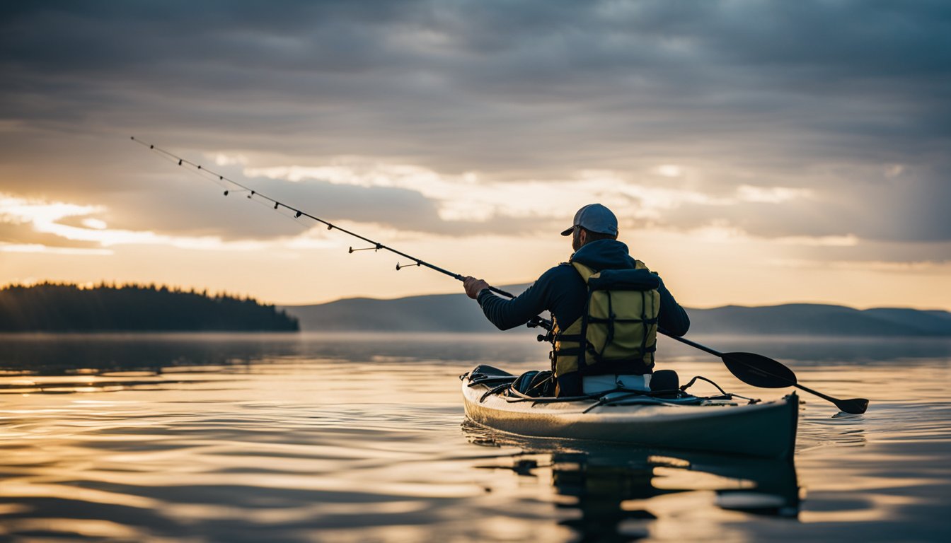 A person in a kayak casts a fishing line into the water, using a rod and reel. The kayak is equipped with fishing gear and storage for the catch