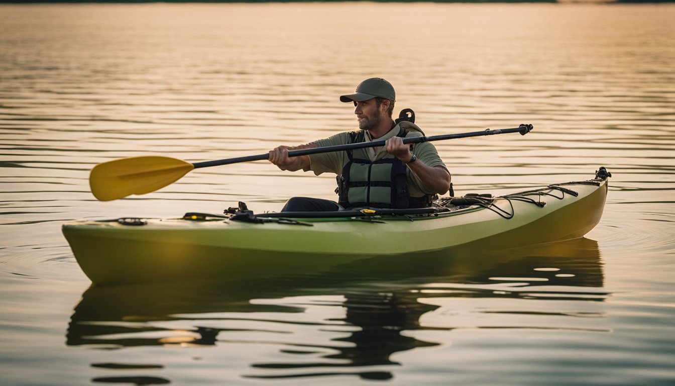 A person paddles a kayak on calm water, with fishing gear and a catch in the boat. The serene setting showcases the peaceful and rewarding experience of kayak fishing