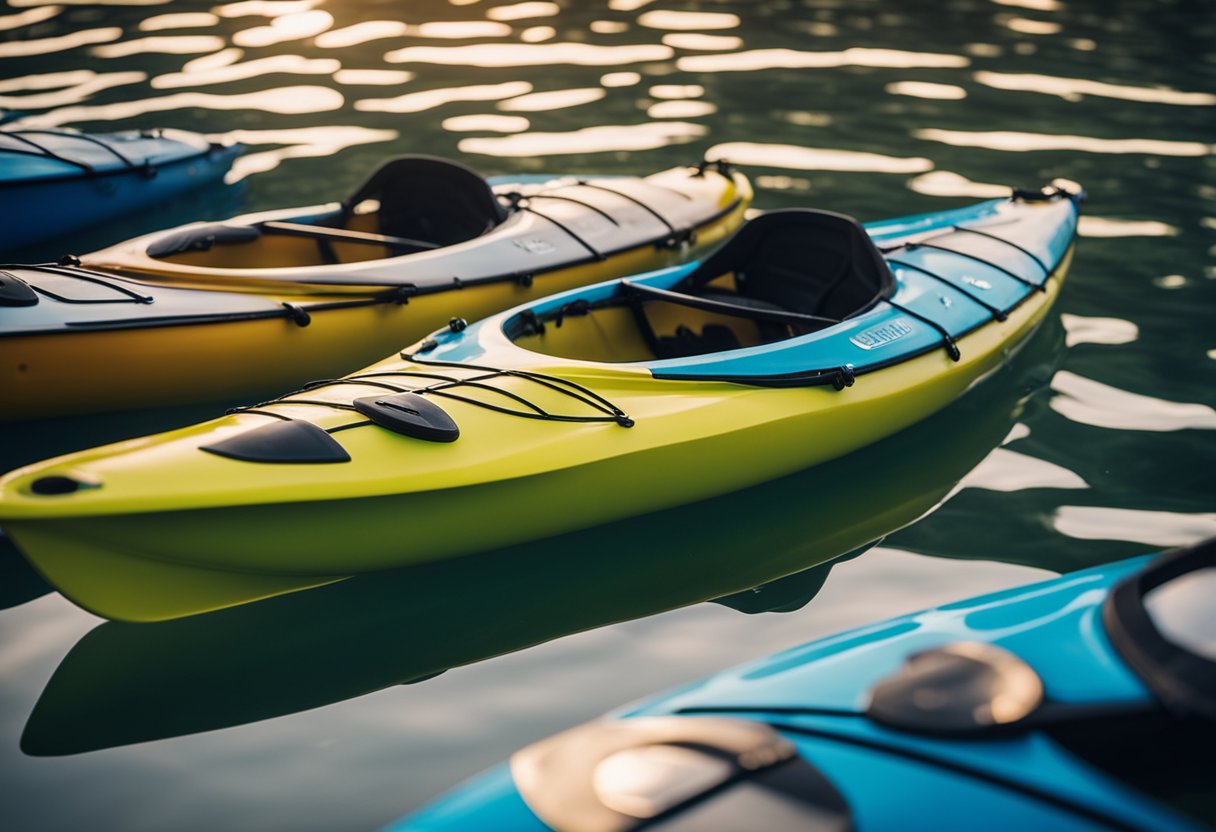 A brightly colored kayak floats on calm water, surrounded by fish. Some fish swim towards the kayak, while others swim away, indicating potential interest or aversion based on the kayak's color