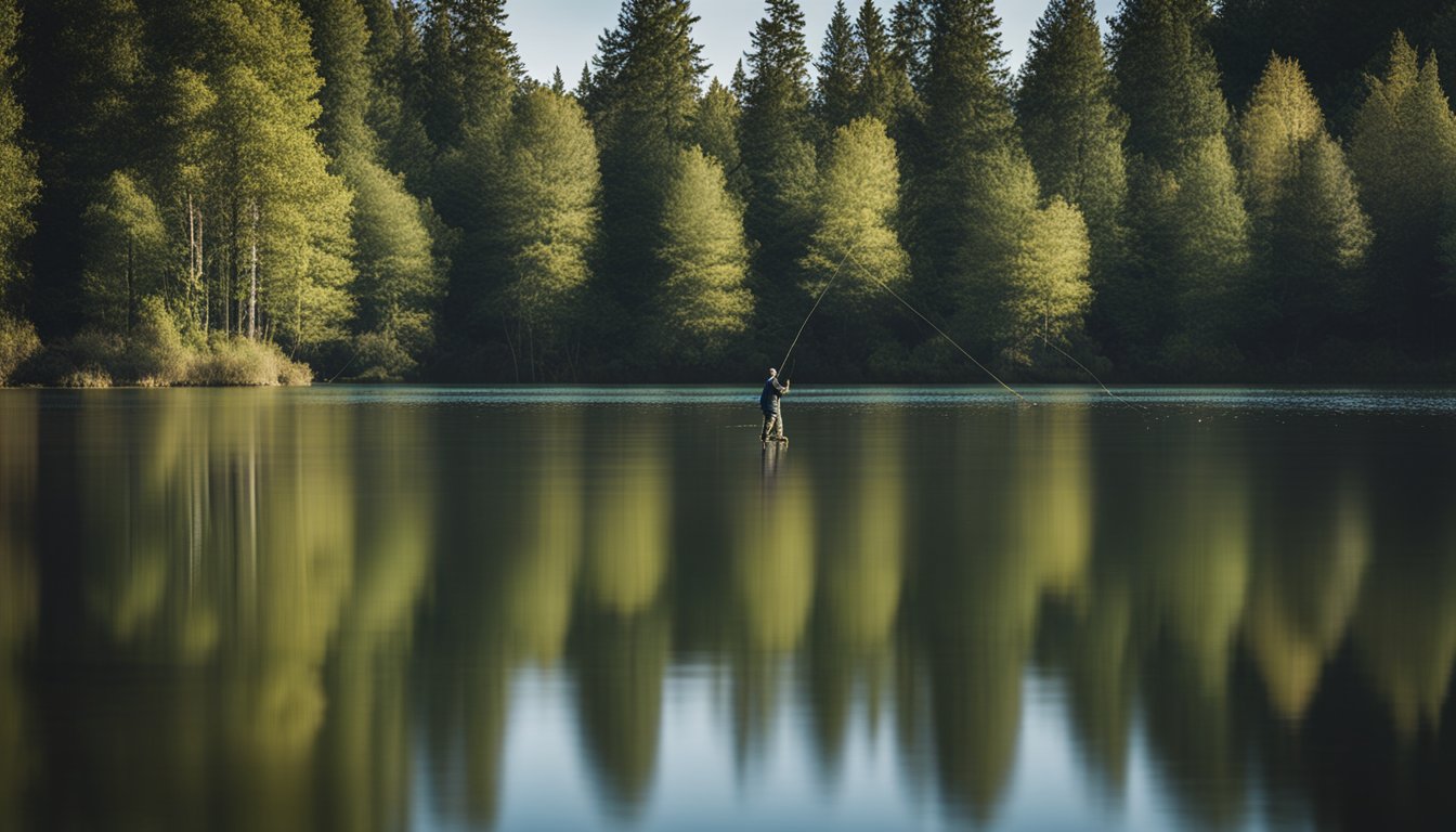 A fisherman casts a line into a calm lake, surrounded by trees and a clear blue sky. The water ripples as a bass jumps out, ready to be caught