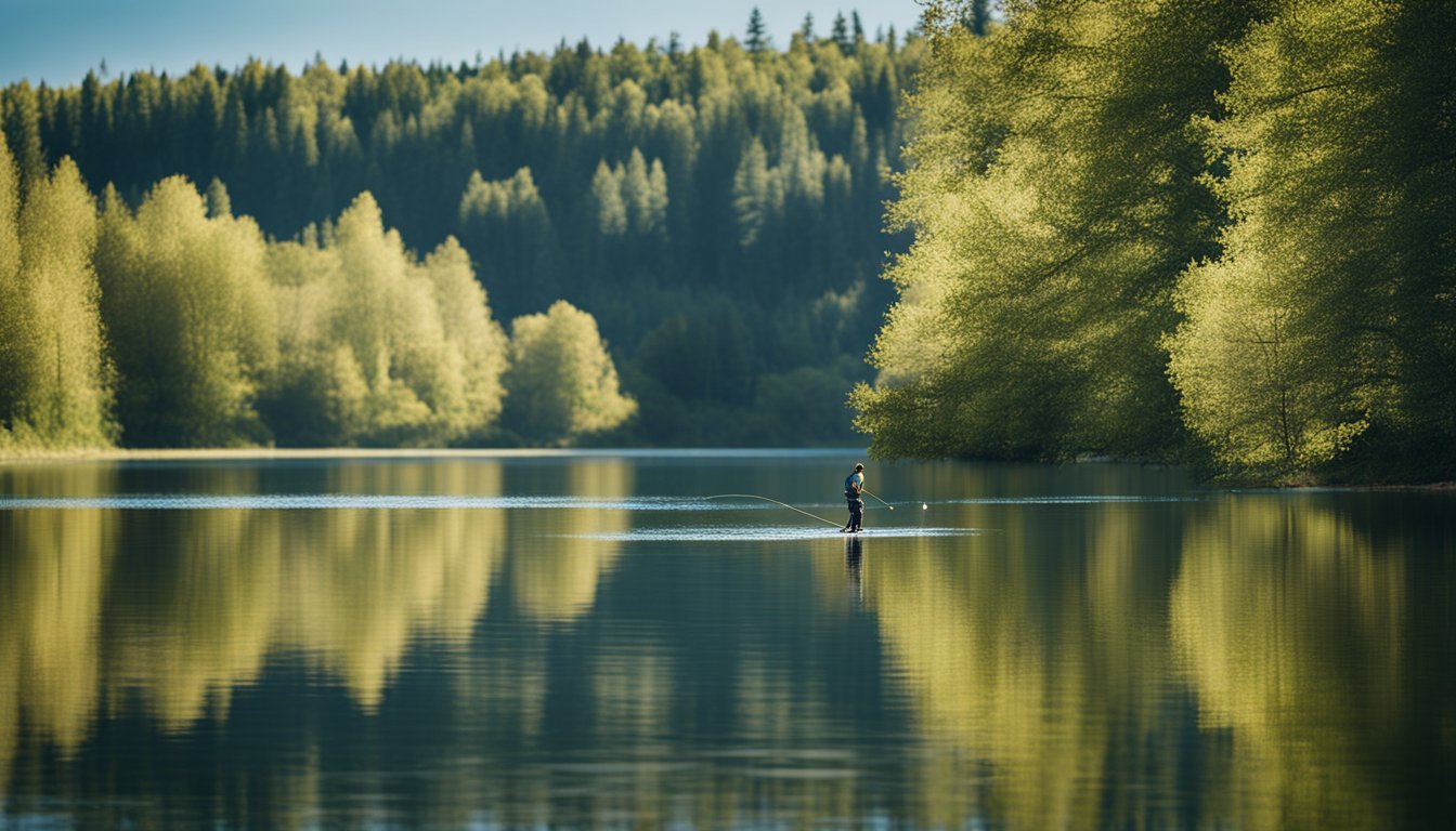 A fisherman casting a line into a calm lake, surrounded by trees and a clear blue sky