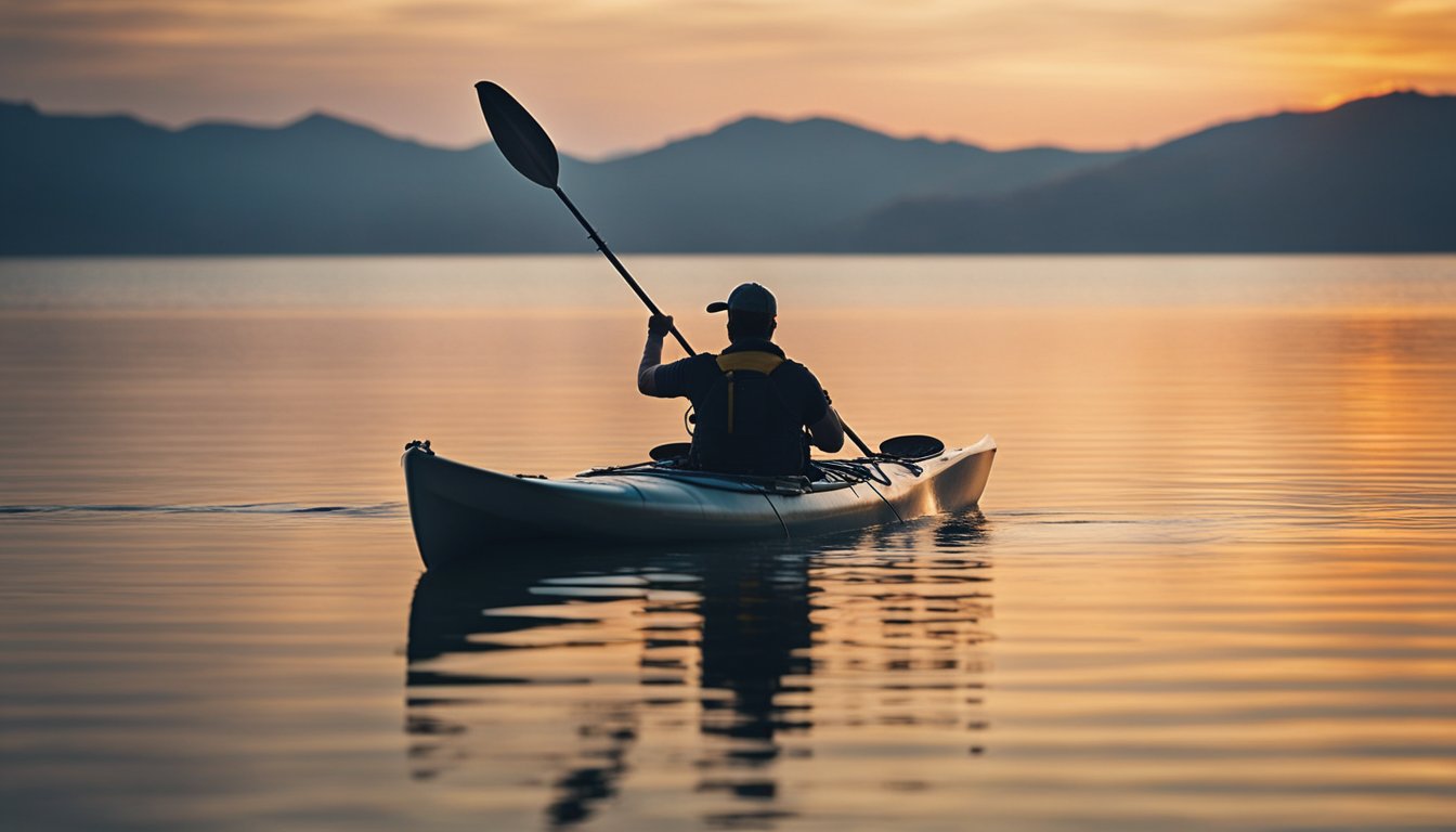 A kayak glides on calm waters. A fishing line extends into the depths, taut with the pull of a large king fish. The angler's excitement is palpable as they reel in their prized catch