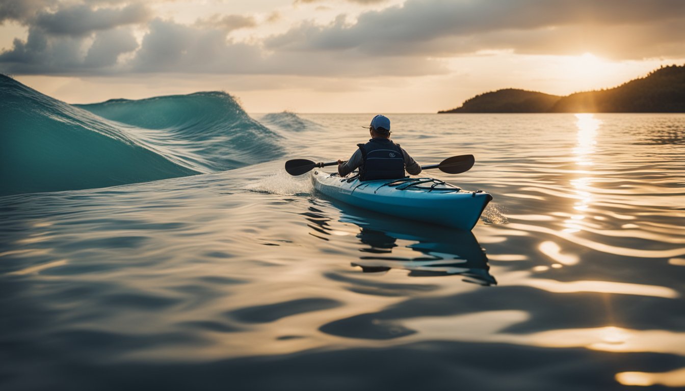 A kayak drifting on calm waters with a fishing rod extended, a king fish jumping out of the water in the distance