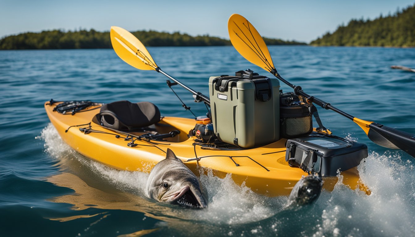 A kayak loaded with fishing gear, including a rod, tackle box, and cooler. A king fish leaping out of the water, with the kayak in the background