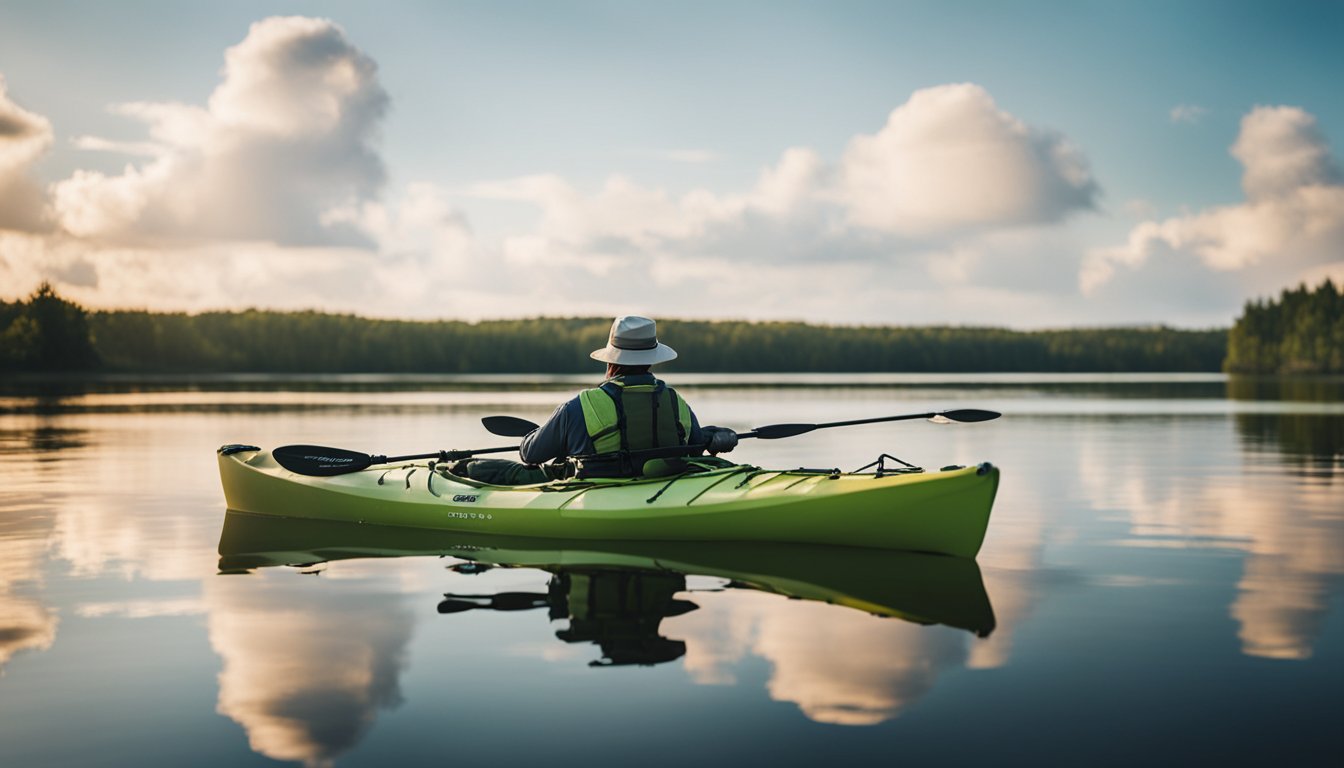 A figure in a kayak selects a suitable softbait for fishing. The kayak is equipped with fishing gear and surrounded by calm water