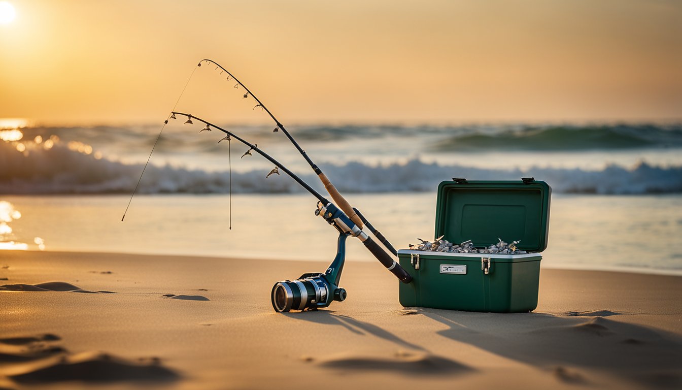 A fishing rod, tackle box, bait, and a cooler sit on a sandy beach near crashing waves. Seagulls fly overhead as the sun sets on the horizon