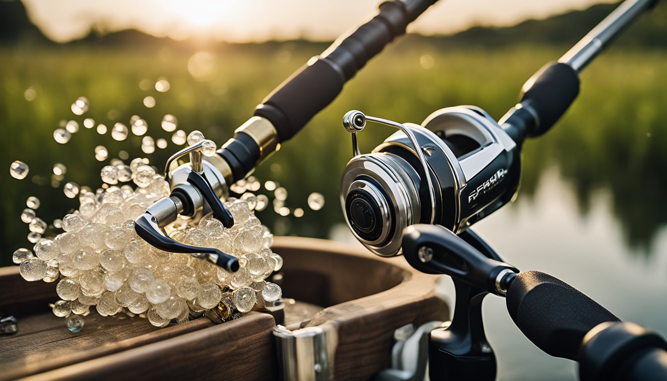 A fishing rod and reel being rinsed with freshwater, tackle box organized, boat motor flushed, and fishing lines checked for fraying