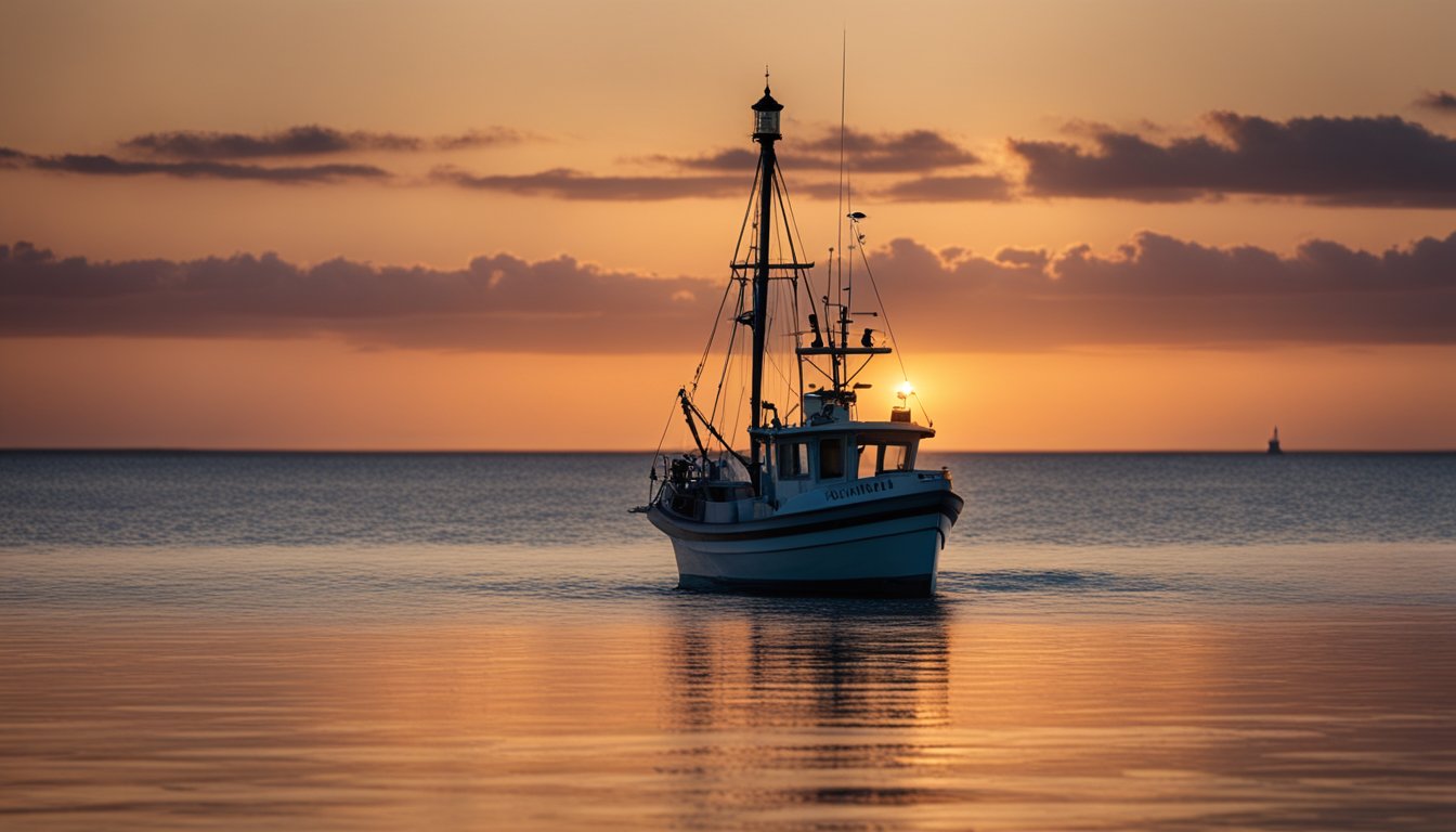 A fishing boat sails on calm saltwater. A lighthouse stands in the distance. Seabirds circle overhead as the sun sets on the horizon