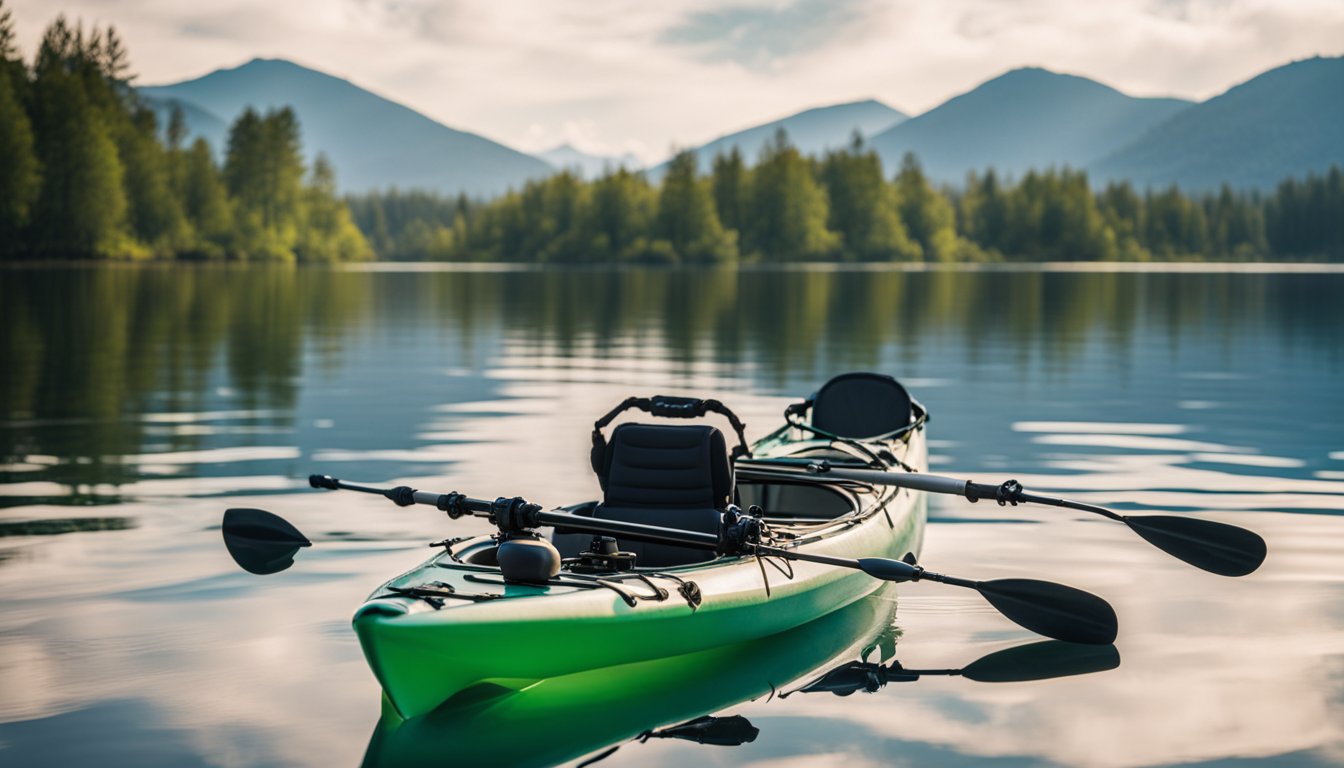 A kayak with fishing rod holders, paddle, and tackle box on calm water with distant mountains and clear sky