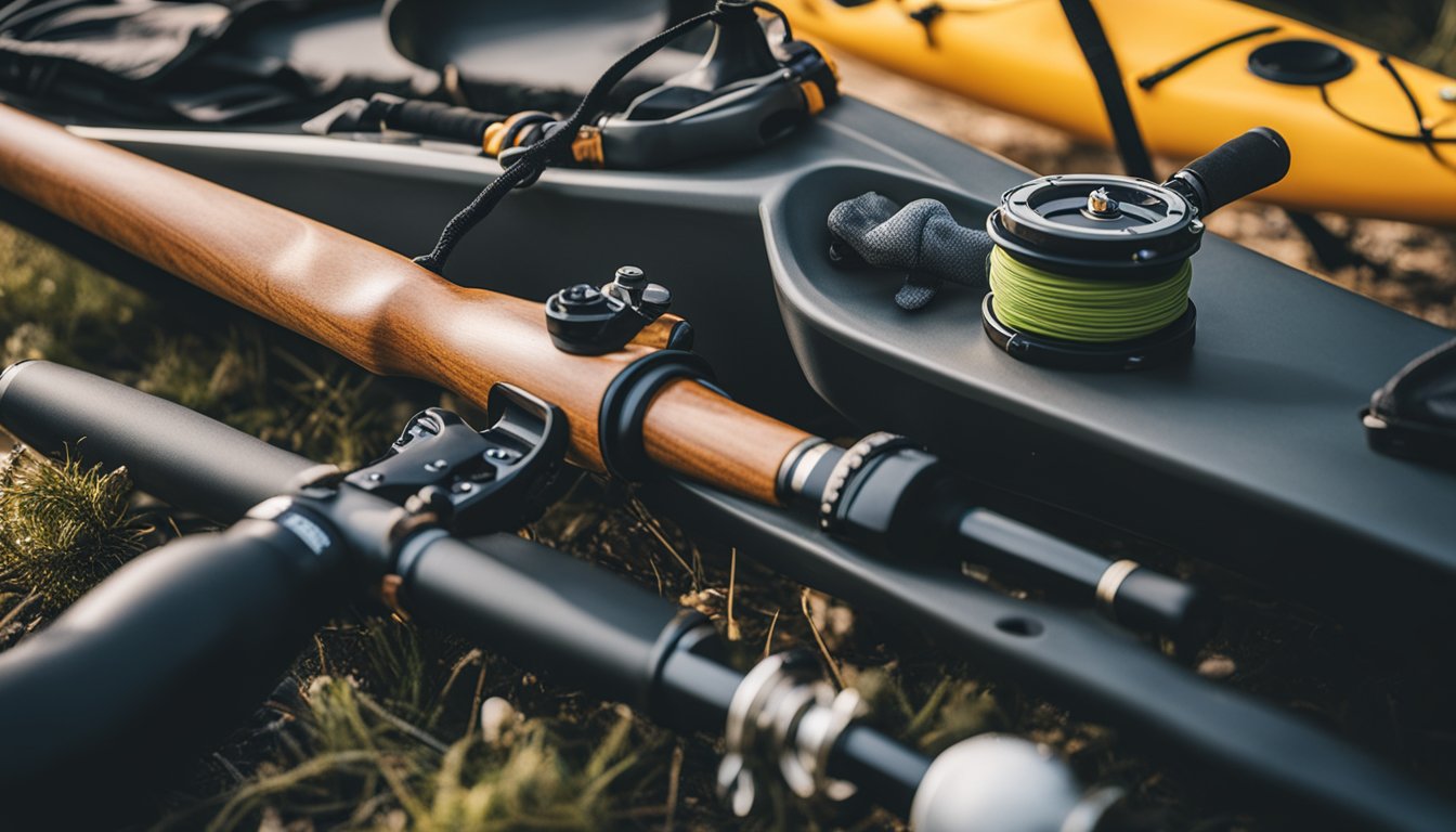 A person selecting a kayak fishing rod from a variety of options, with a kayak and fishing gear in the background