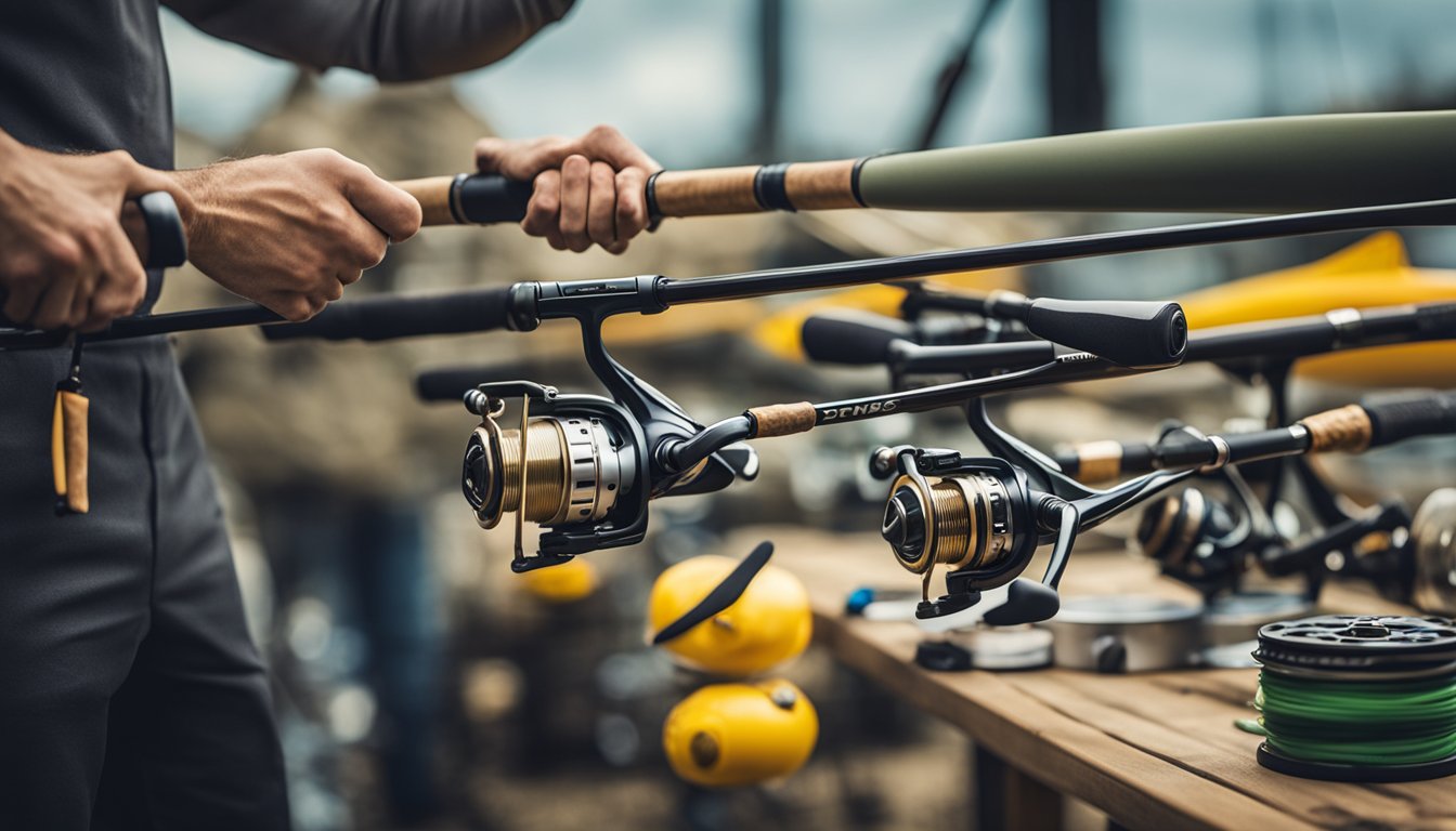 A person holds a fishing rod in one hand and a kayak paddle in the other, standing next to a variety of fishing reels on display