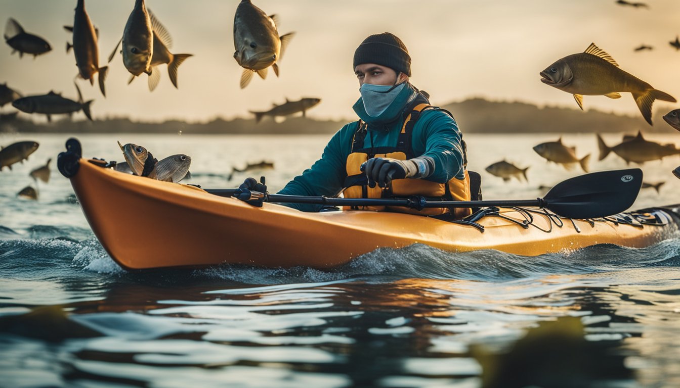 A person in a kayak, holding a fishing rod, surrounded by various species of fish in the water. The person is carefully considering which rod to use for targeted species