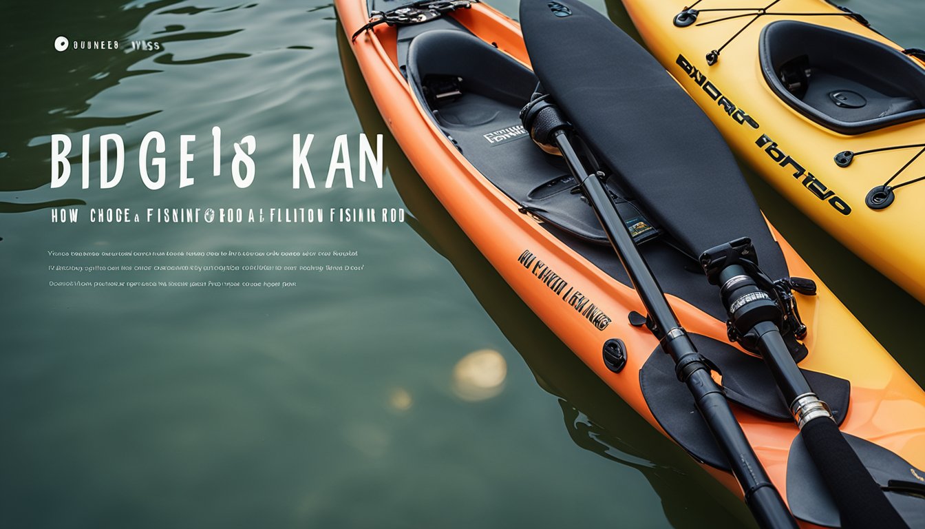 Two kayaks side by side, one with budget fishing rod, other with branded rod. Each rod labeled. Text: "Budget vs Brand" "How to Choose a Kayak Fishing Rod"