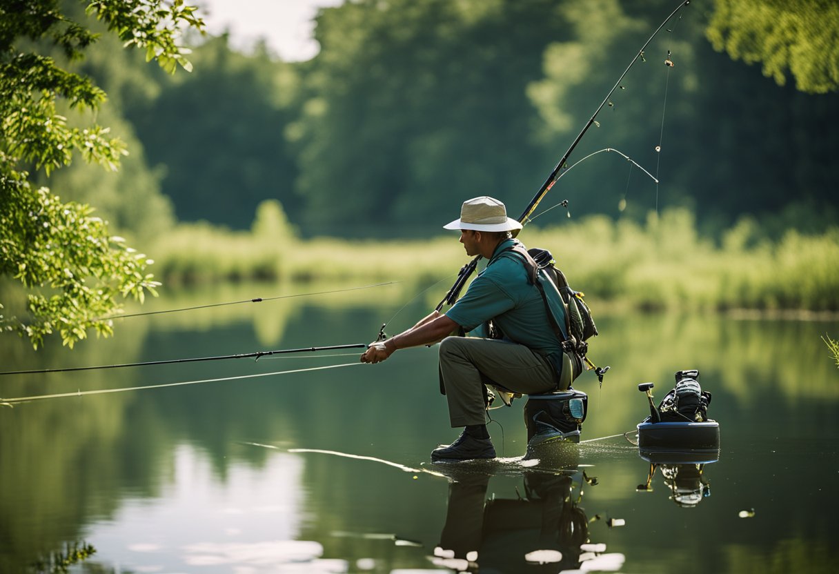 Fisherman casts line into tranquil lake, surrounded by lush greenery and clear blue skies. A variety of fishing equipment and techniques are scattered nearby