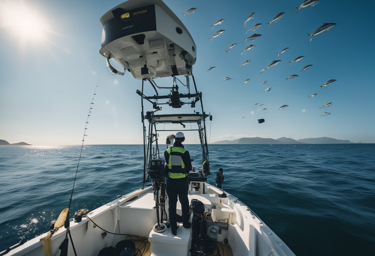 A fishing boat equipped with sonar and GPS locates a school of fish. A crew deploys a net and a drone to monitor the catch