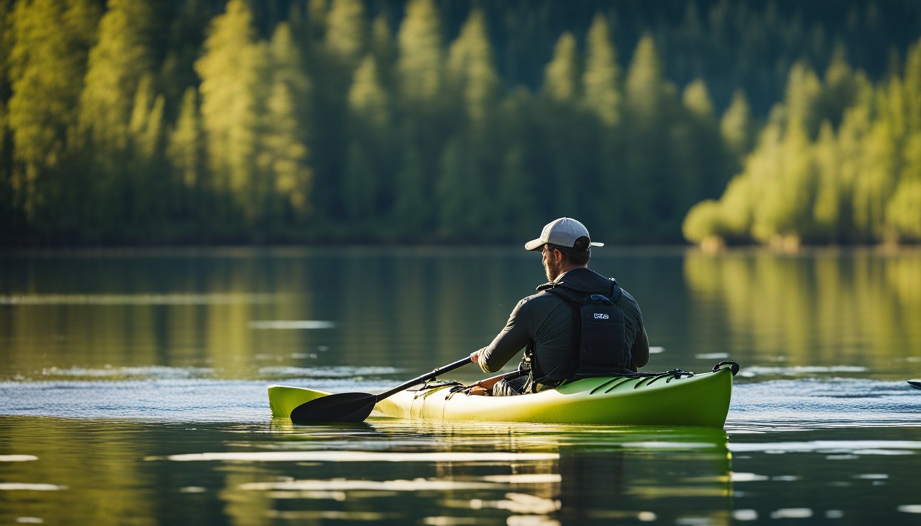 A kayak floats on calm water, a softbait lure is cast out. The angler waits patiently for a bite, surrounded by a serene natural environment