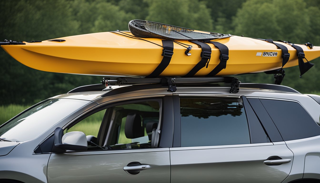 A fishing kayak being loaded onto a car roof rack, with tie-down straps securing it in place. Paddle, life jacket, and fishing gear are neatly stowed inside the kayak