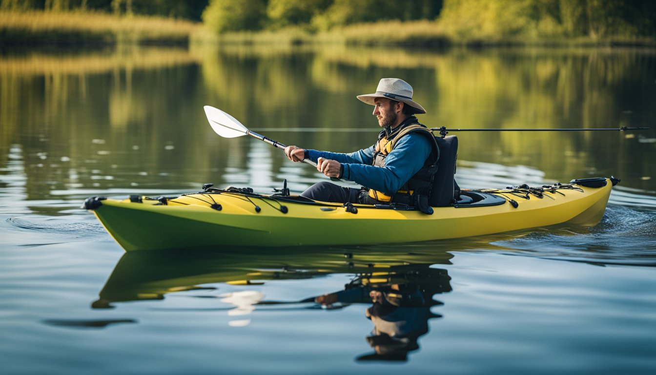 A person sitting comfortably in a well-designed fishing kayak, with adjustable seating and ample legroom, surrounded by ergonomic features for easy access to fishing gear