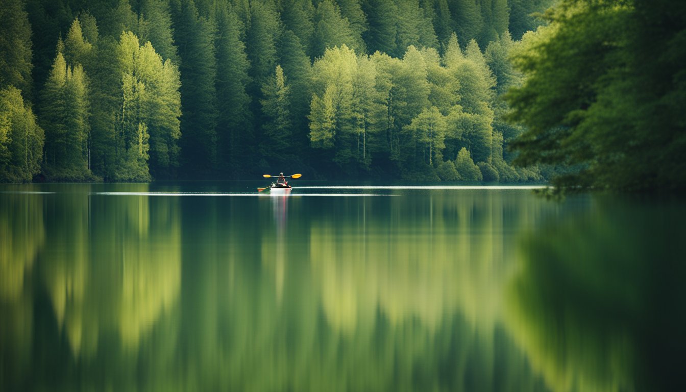 A serene lake with a lone fishing kayak gliding through calm waters, surrounded by lush greenery and the occasional glimpse of a fish jumping out of the water