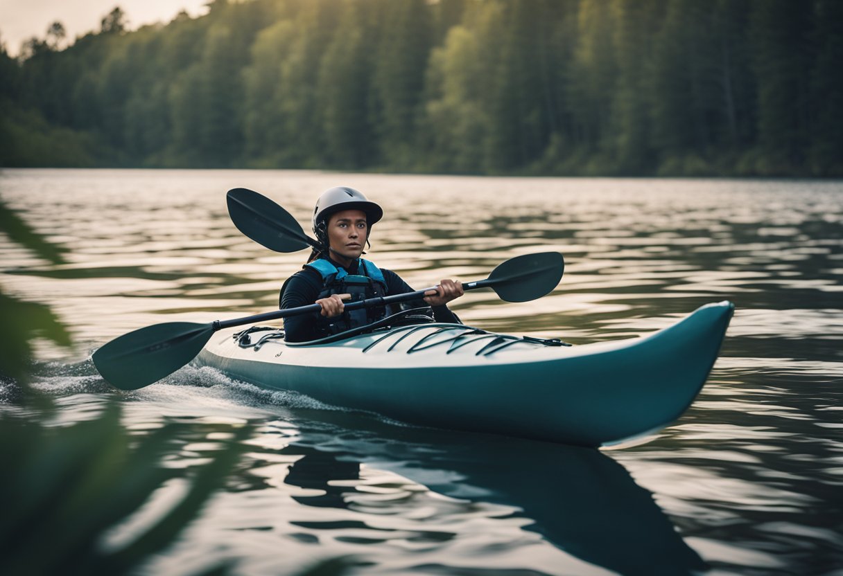 A sleek, camouflaged kayak glides through the water, blending seamlessly with its surroundings