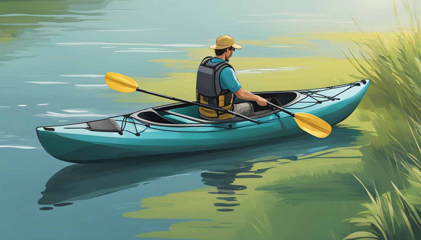 A fishing kayak is positioned on a calm body of water. A person is shown using a paddle to launch the kayak from the shore and then returning to the shore using proper landing techniques