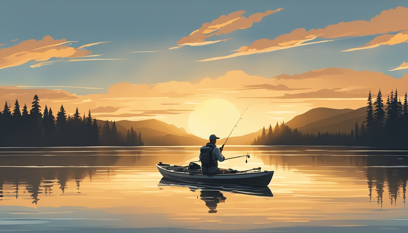 A person setting up a fishing kayak on a calm lake, attaching a rod holder and securing a tackle box. The sun is setting in the background, casting a warm glow over the scene