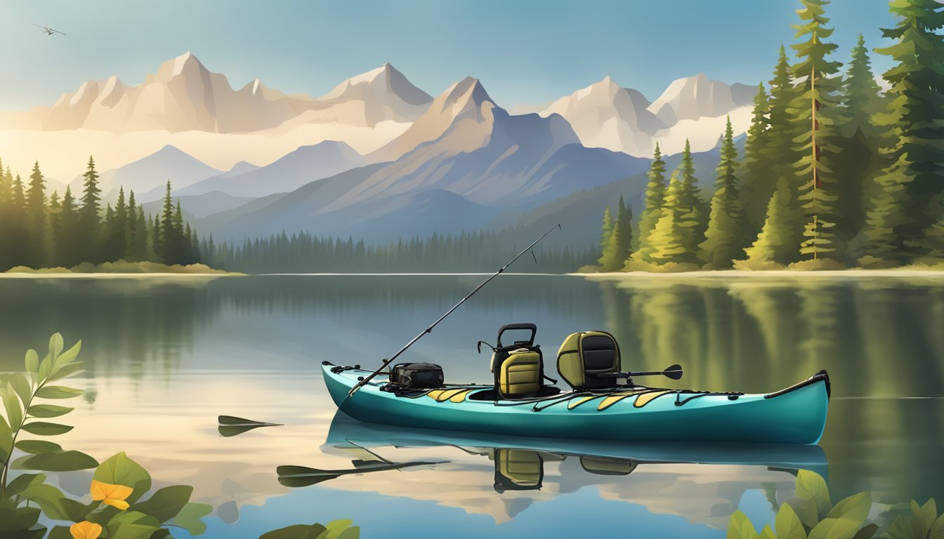 A fishing kayak on a calm lake, with a paddle, fishing rod, and tackle box secured. A life jacket and anchor are nearby. The kayak is positioned for easy access to the water