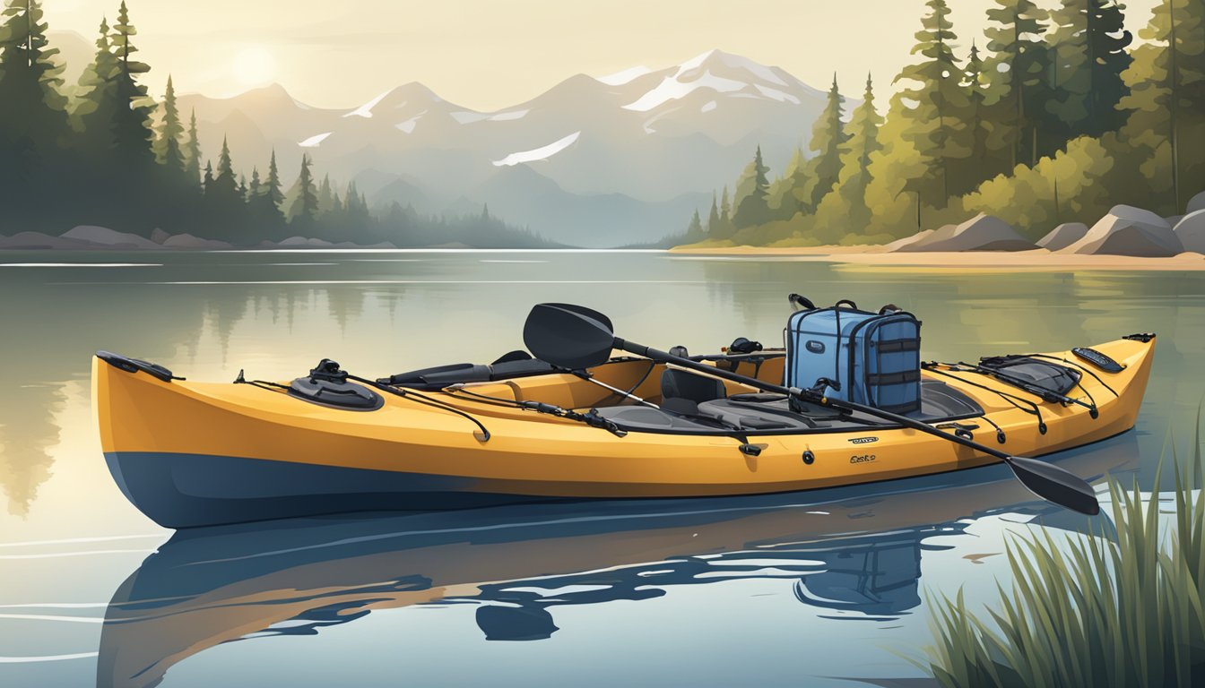 A fishing kayak with rod holders, anchor trolley, and storage crates. Paddle, life jacket, and fishing gear laid out nearby