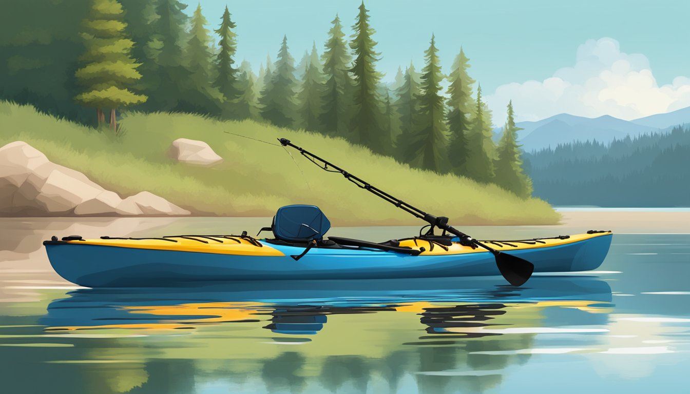 A fishing kayak is anchored in calm waters. Paddle, life jacket, and fishing gear are stowed securely. Anchor and safety whistle are easily accessible