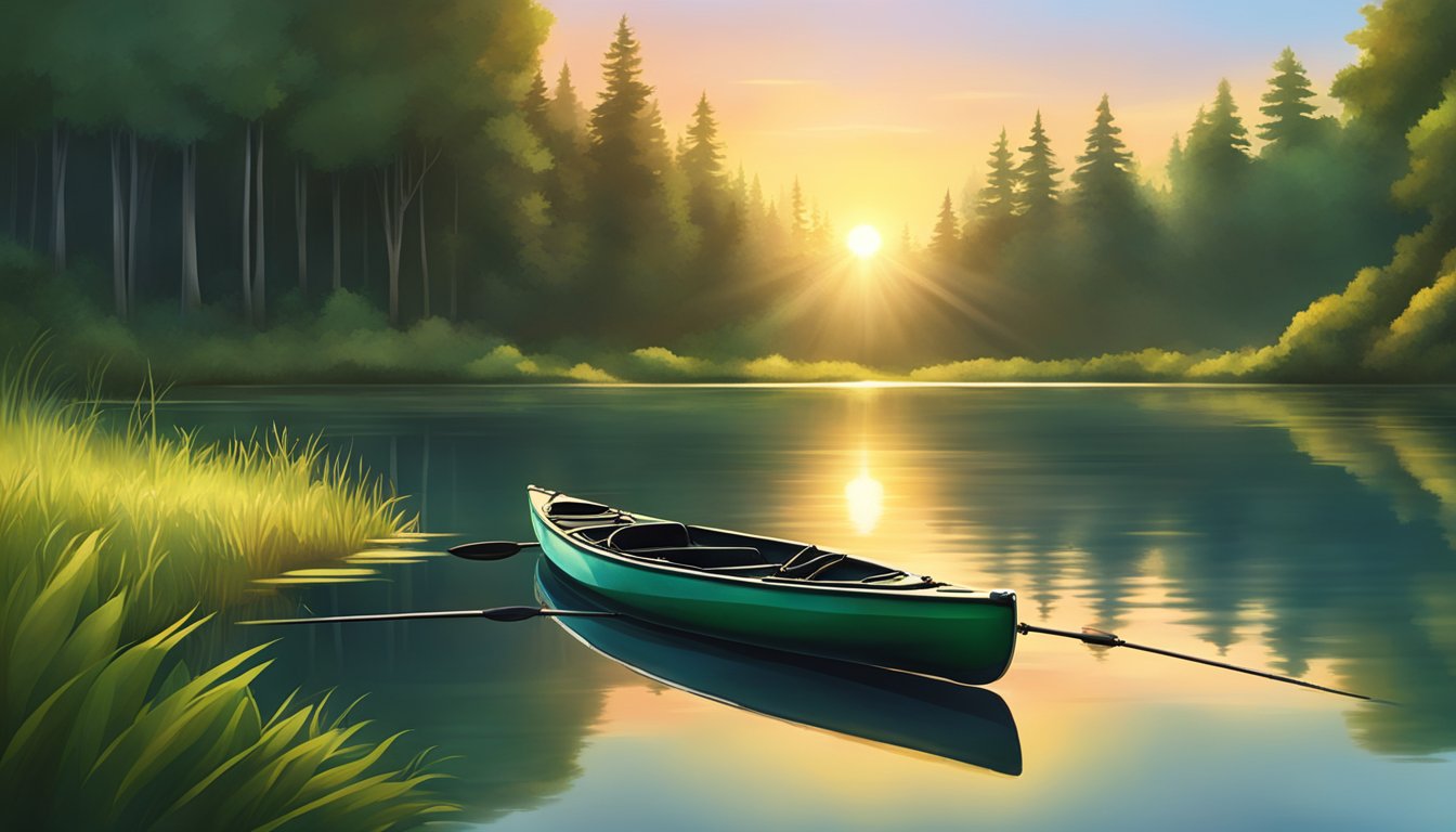 A fishing kayak sits on a calm lake, surrounded by lush green trees. The sun is setting, casting a warm glow over the water