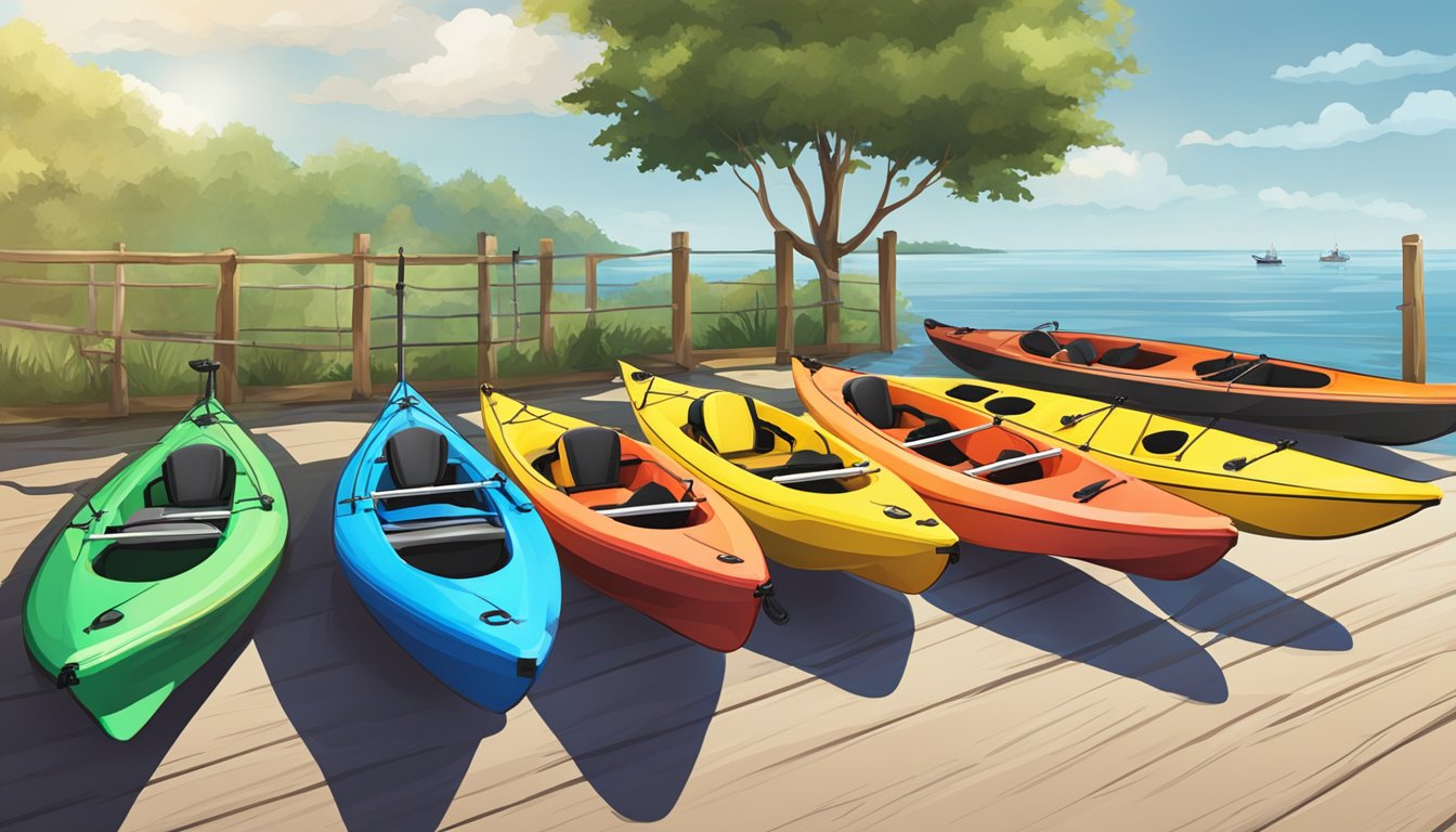 A row of fishing kayaks displayed with price tags. Ranging from $300 to $1500. Various colors and sizes