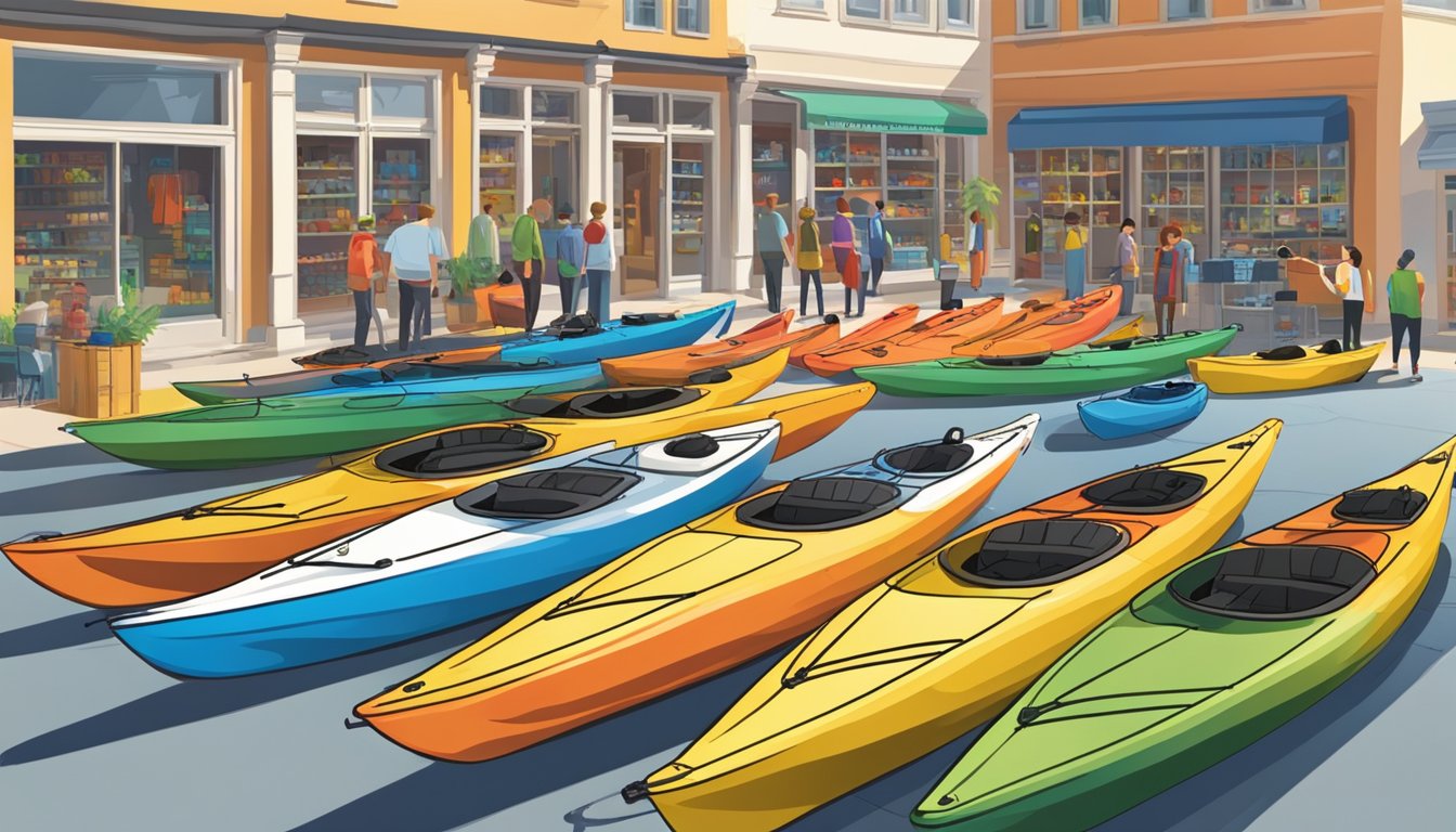 A sunny day at a bustling outdoor store, with rows of colorful fishing kayaks on display. Prices are prominently shown, and customers are browsing and chatting with sales staff