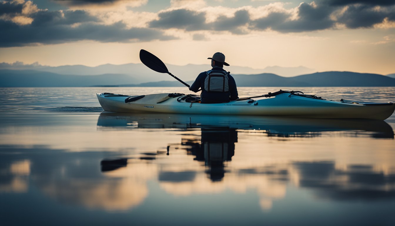 A kayak glides on calm water, fishing rod in hand, as the angler scans the horizon for the perfect spot