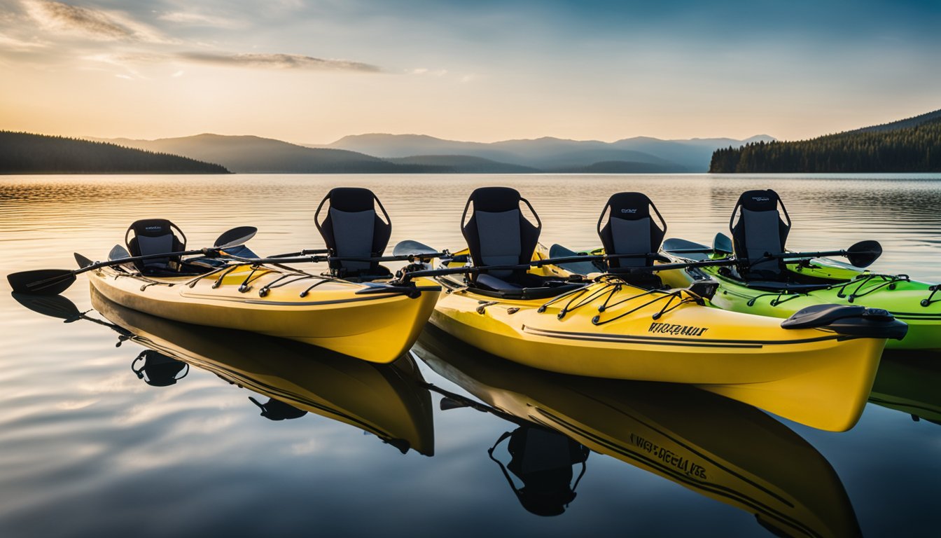 Five sleek fishing kayaks line up on a calm, glassy lake. Each kayak is equipped with advanced fishing gear and storage compartments, ready for a day of angling adventure