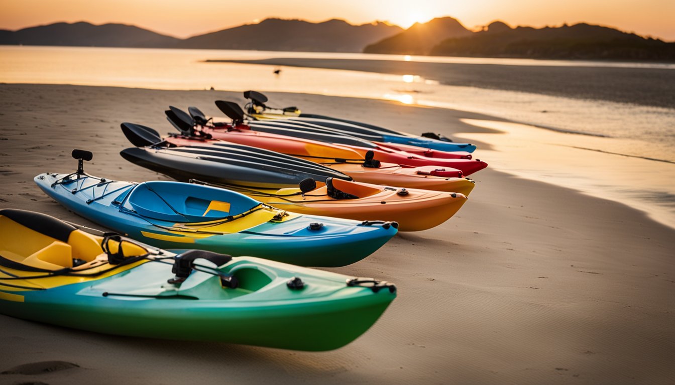 Five fishing kayaks lined up on a beach, each with a price tag and a list of features. The sun is setting, casting a warm glow over the scene