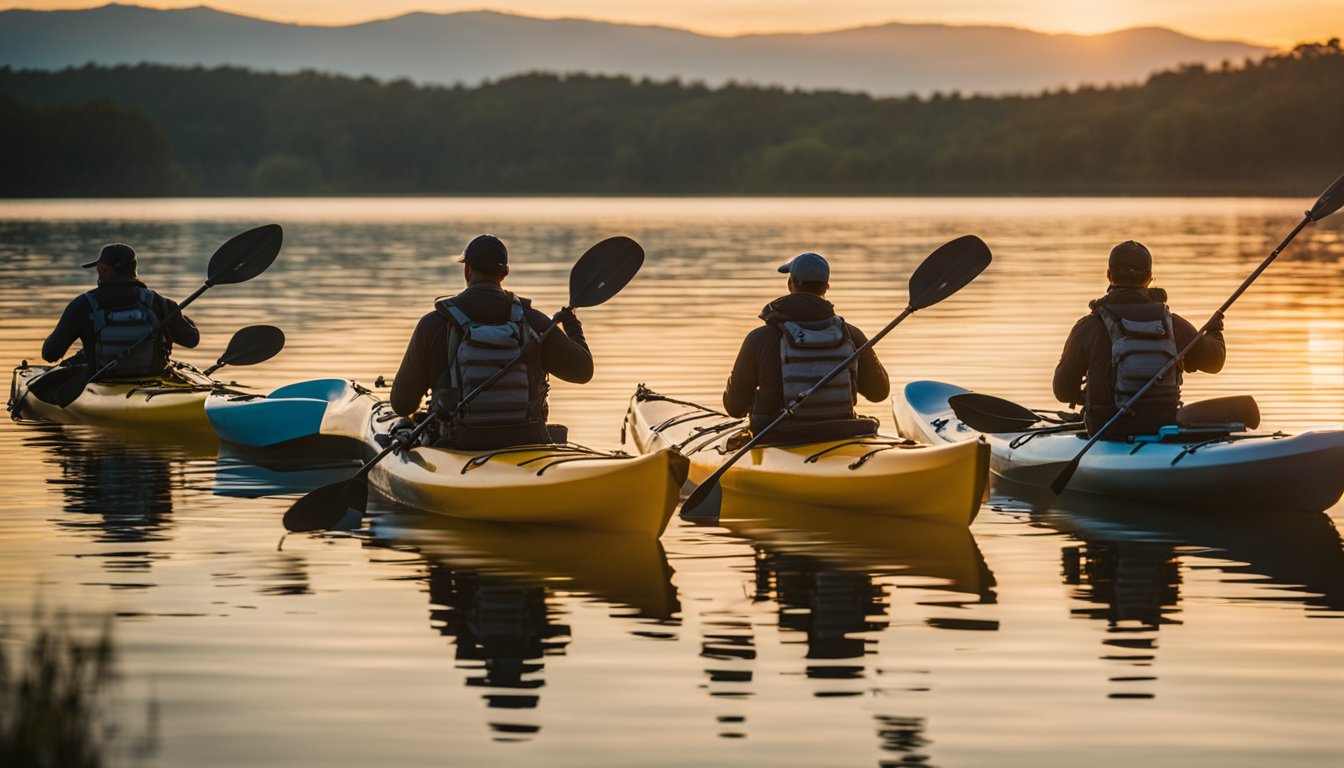 Five top fishing kayaks arranged on a calm, glassy lake. Each kayak is equipped with safety gear and fishing equipment. The sun is setting, casting a warm glow over the scene