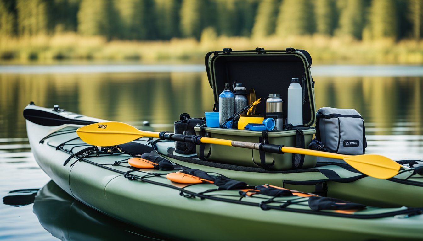 A kayak with fishing gear, including rods, tackle boxes, and a cooler, is set up for a day of fishing on calm waters