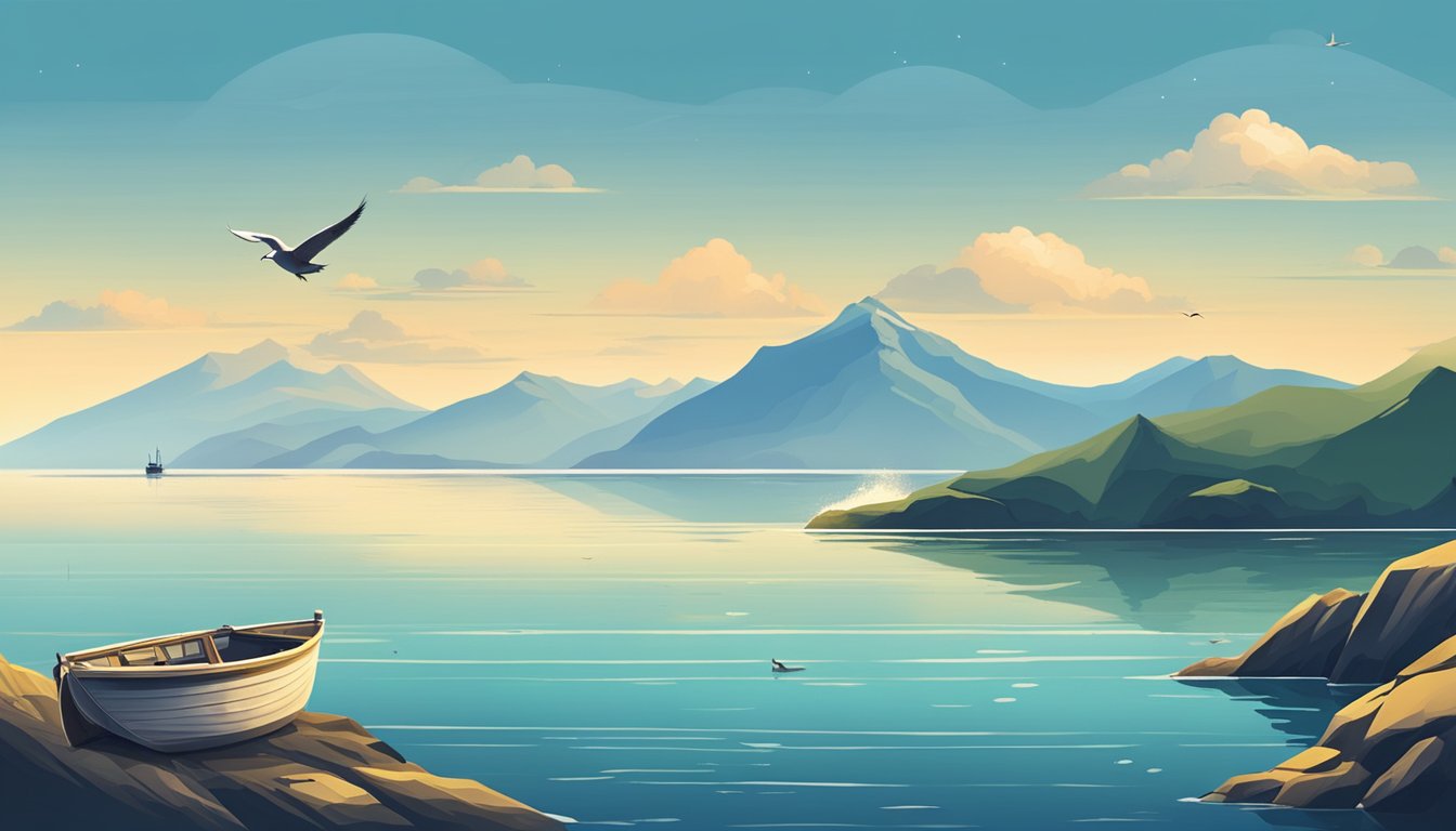 A calm lake with a lone fishing boat and a mountainous backdrop for freshwater fishing. A vast ocean with crashing waves and seagulls for saltwater fishing