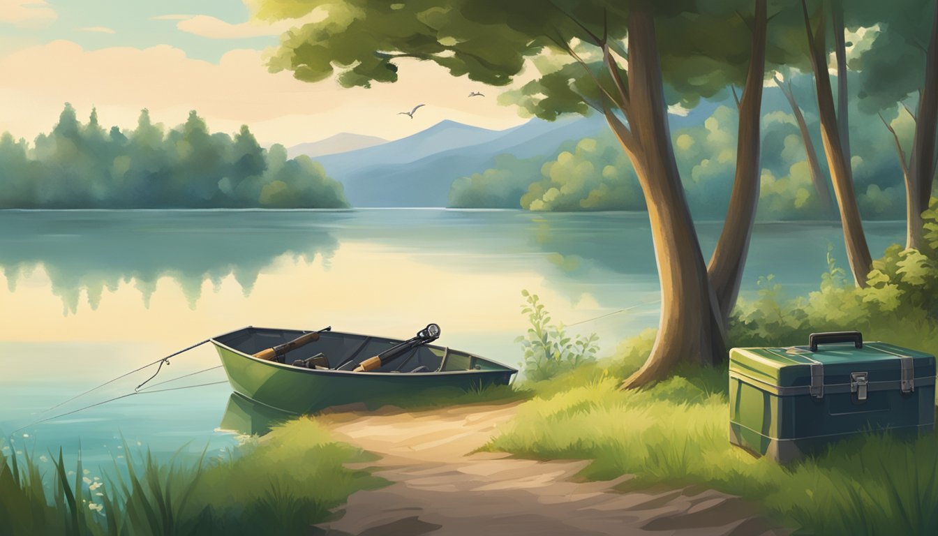 A serene lake surrounded by lush green trees, with a fishing rod and tackle box on the shore. In the distance, a vast ocean with fishing boats dotting the horizon