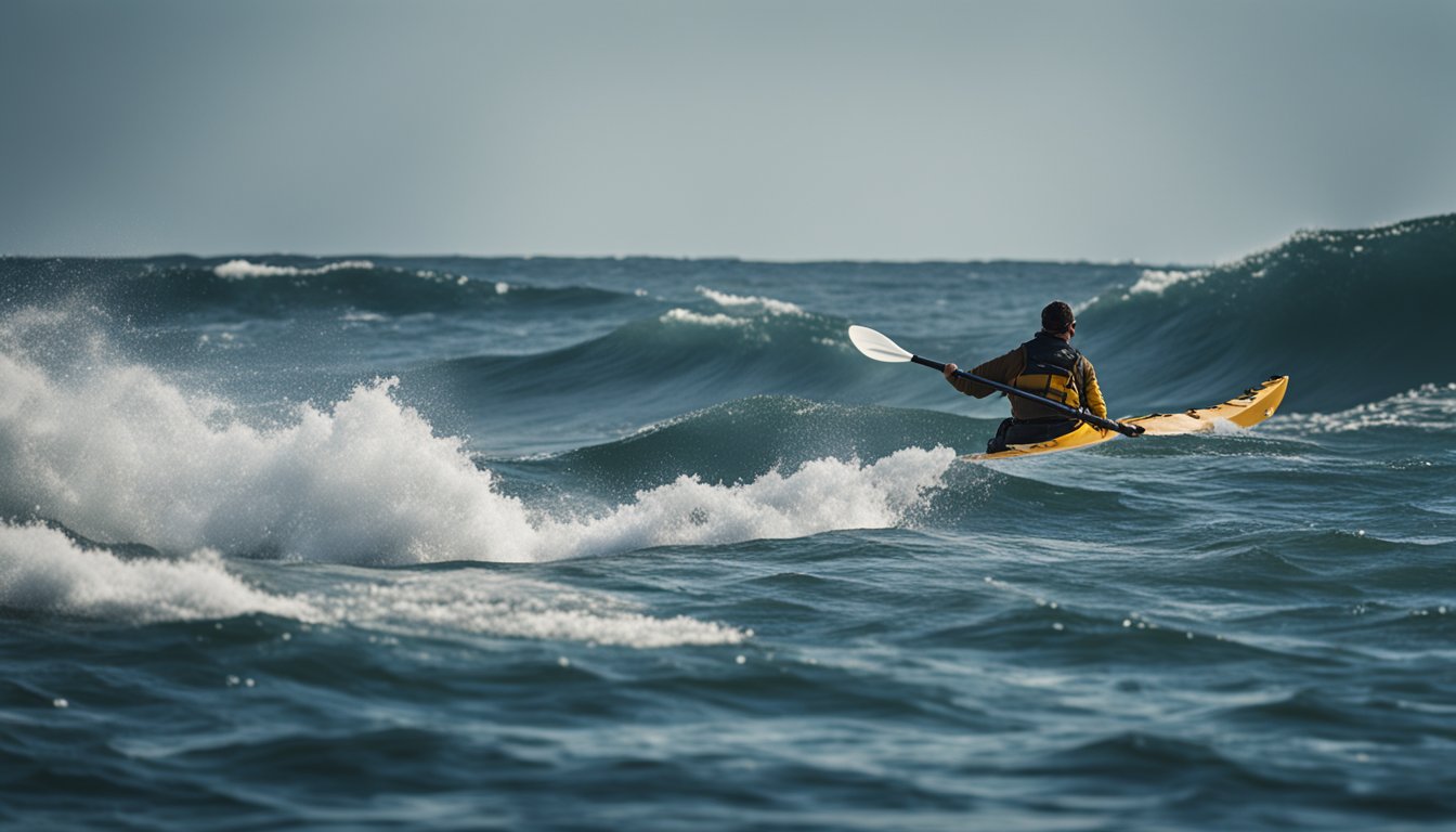 A lone kayak battles rough waves, while a fisherman struggles to reel in a large catch