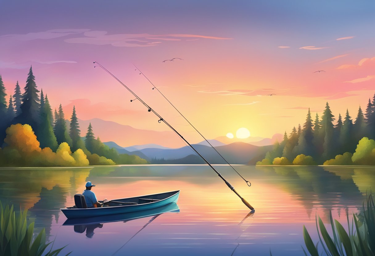 A serene lake with a vibrant sunset, surrounded by lush green trees. A fishing rod with various colorful lures rests on the calm water's edge