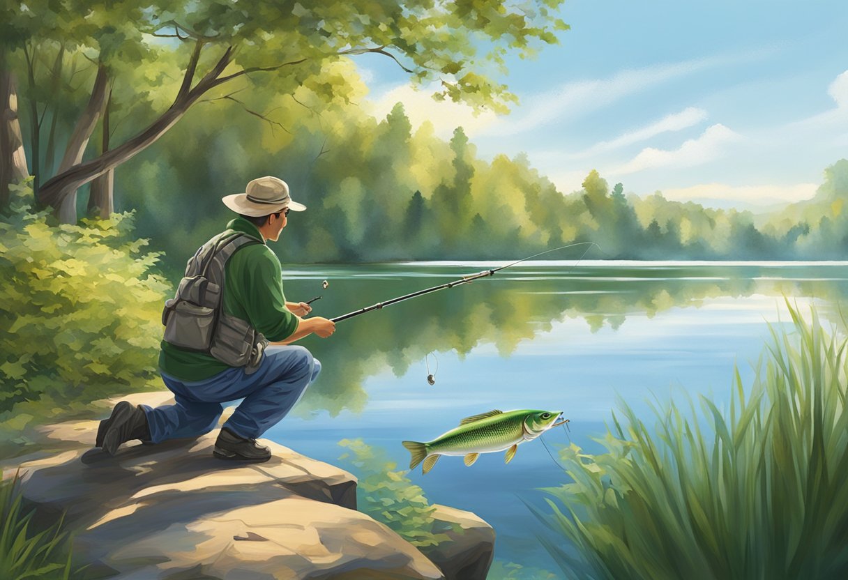 A fisherman casting a colorful lure into a calm, sunlit lake surrounded by lush green trees and a clear blue sky