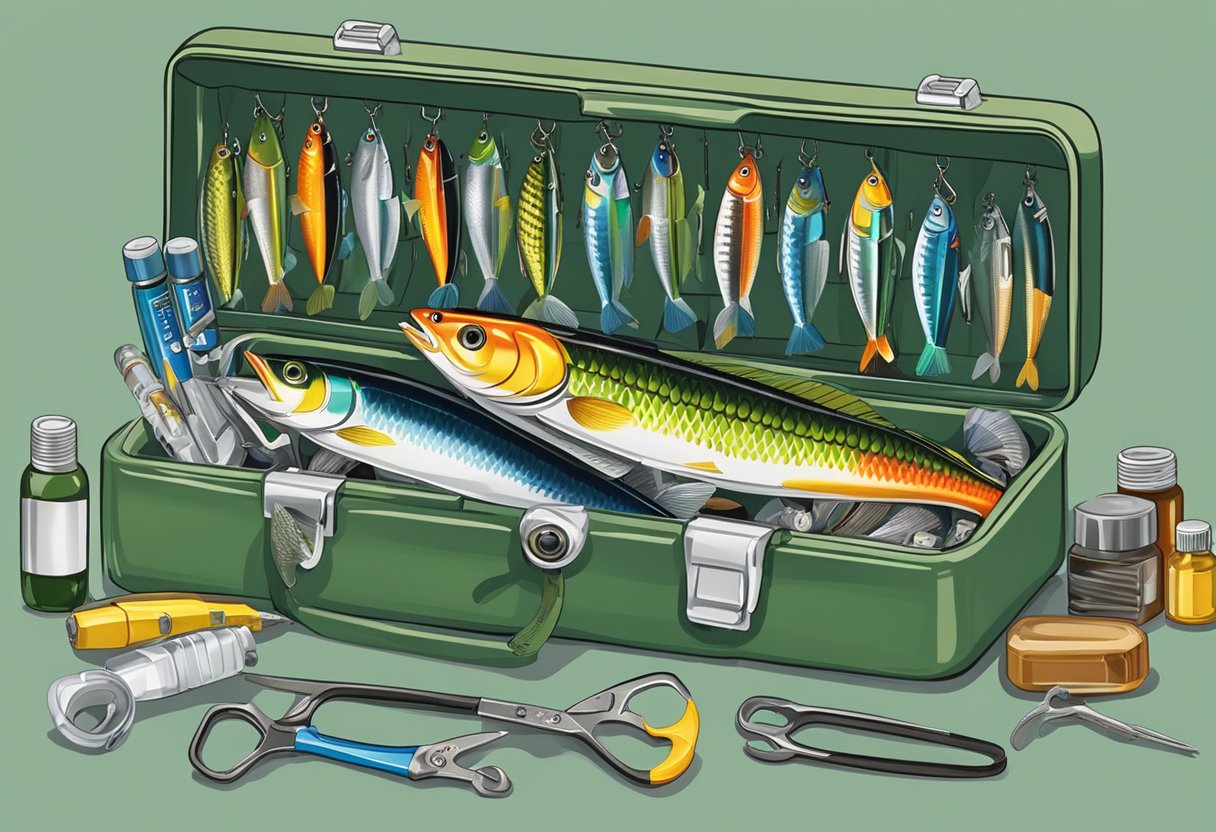 A tackle box with various fishing lures arranged neatly on a workbench. A small bottle of lubricant and a pair of pliers sit nearby for lure maintenance