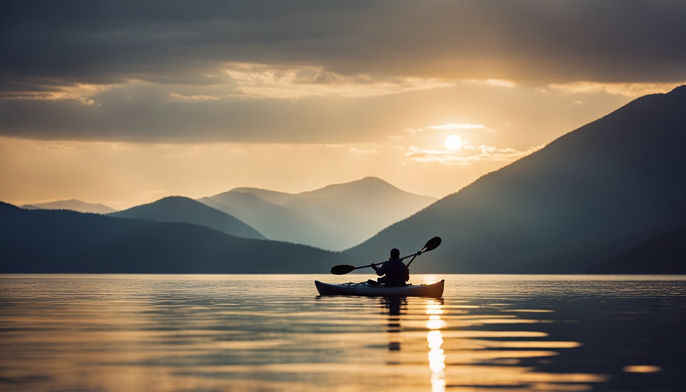 A kayak drifts on calm water, fishing rod in hand. The sun sets behind distant mountains, casting a warm glow on the tranquil scene