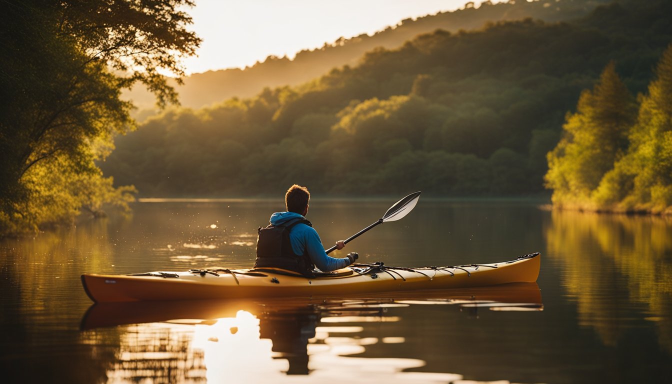 A person in a kayak fishes in calm waters, surrounded by nature. The sun is setting, casting a warm glow over the scene