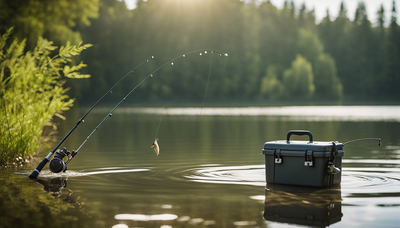 A serene freshwater lake with a fishing rod, tackle box, and bait. A fish jumps out of the water, creating ripples