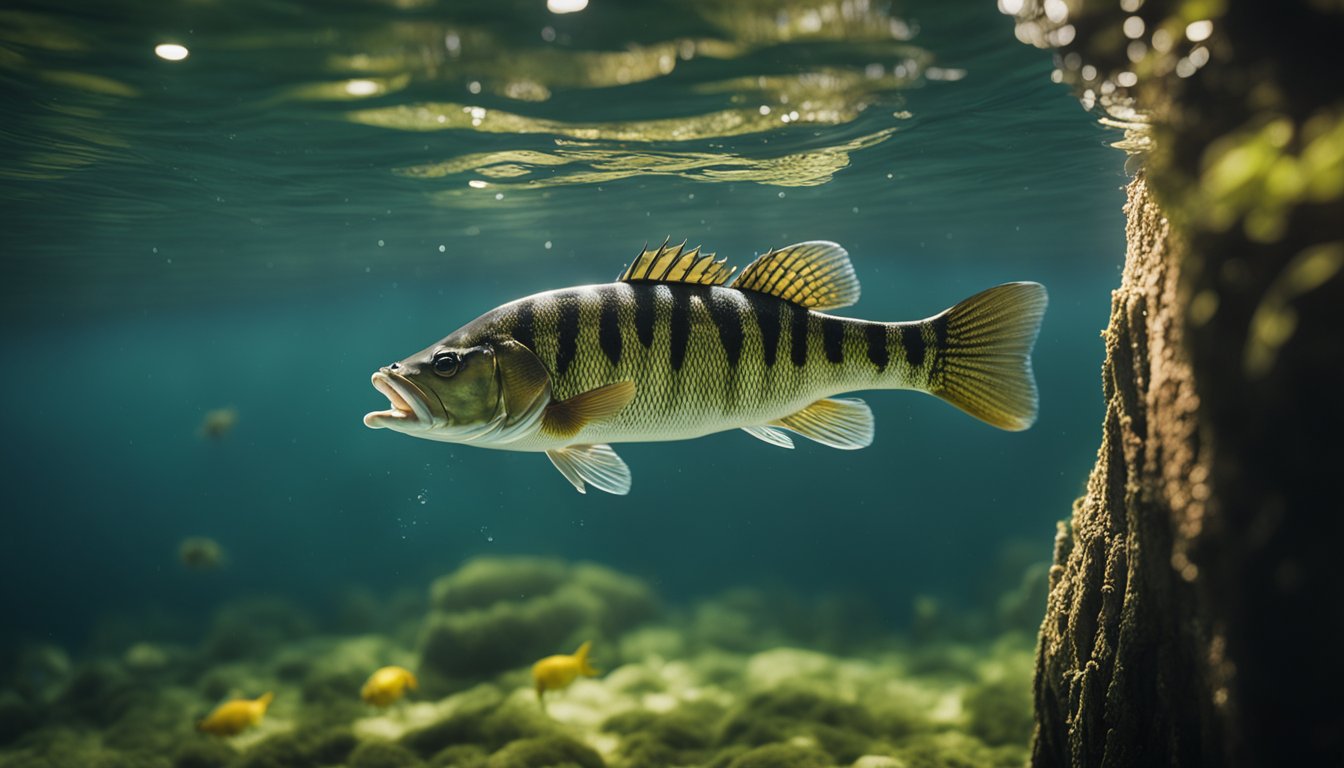 A bass swims near a submerged log, eyeing a wiggling worm on a hook. The water is clear, with sunlight filtering through the ripples