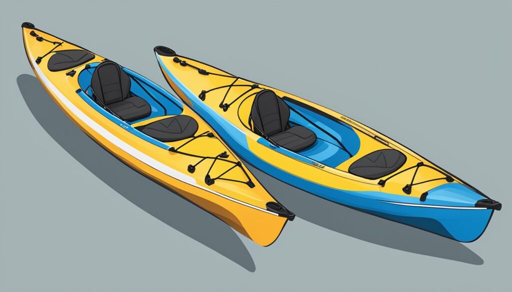 Two kayaks, one with side-by-side seating and the other with front-and-back seating, both designed for tandem paddling